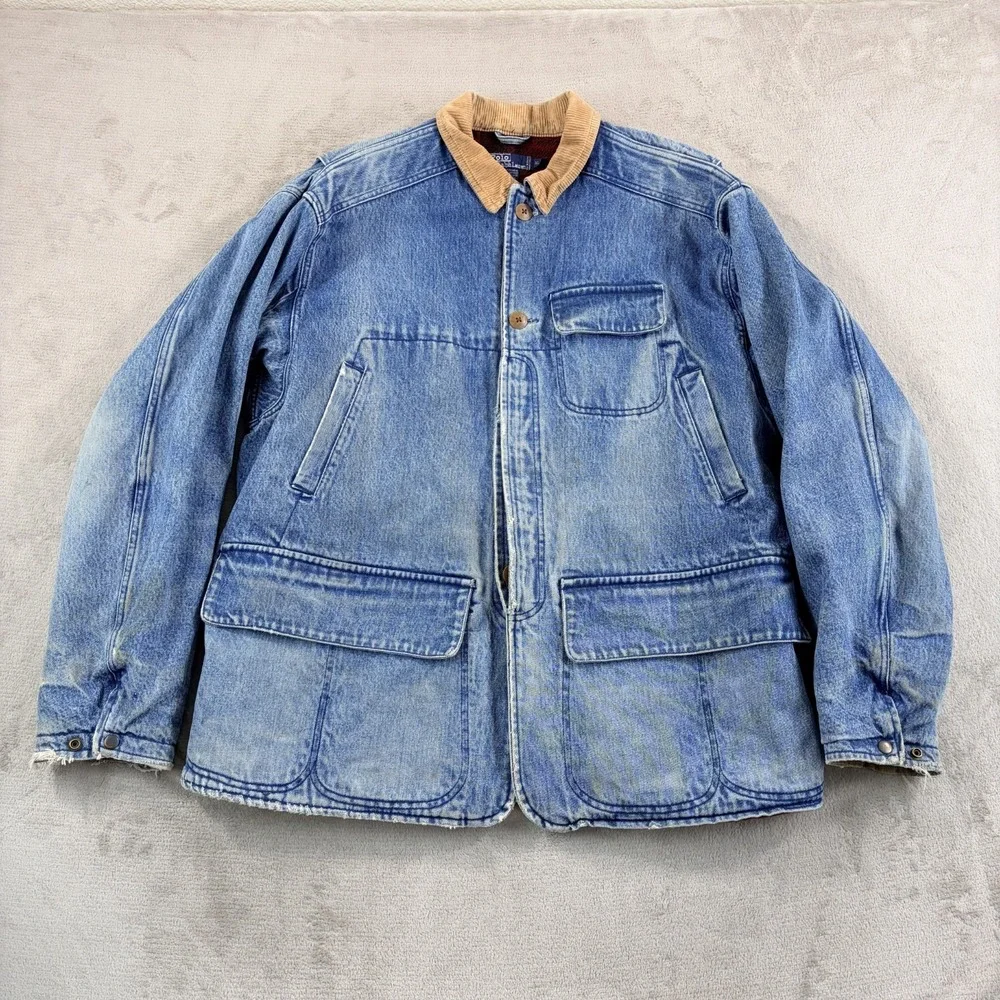 VTG Polo Ralph Laure Mackinaw Denim Cord Collar Jacket Men XL Wool Lined RARE